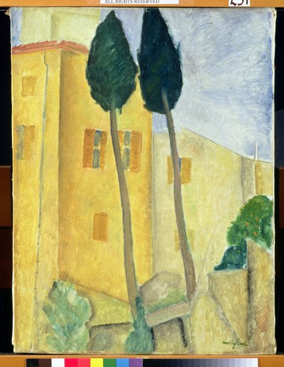 Árboles de ciprés y casa de Amedeo Modigliani