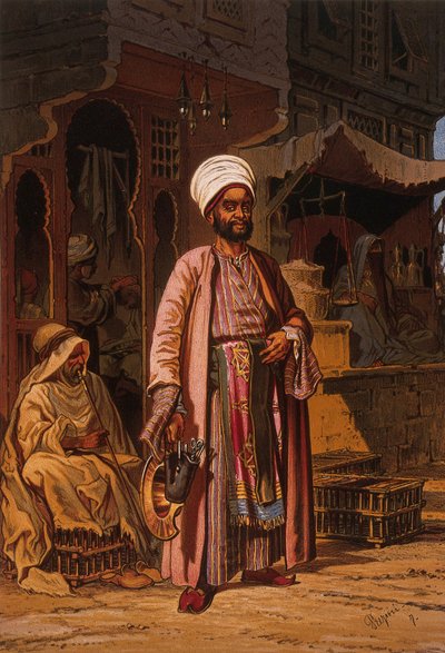 Un hombre está en la puerta de una barbería con los instrumentos del oficio de barbero en las manos. de Amedeo Preziosi