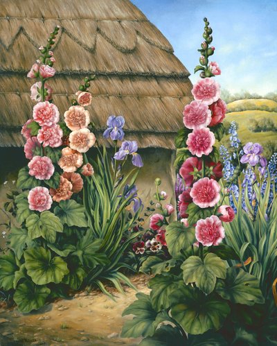 Jardín de cabaña con malvarrosas, 1995 de Amelia Kleiser