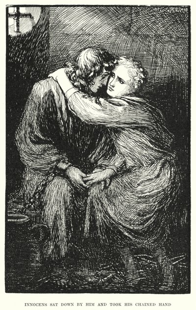 Inocens se sentó junto a él y tomó su mano encadenada (grabado) de Amelia M. (attr.to) Bowerley or Bauerle