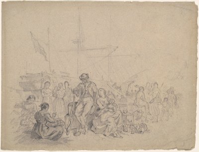Escena en el muelle de American 19th Century