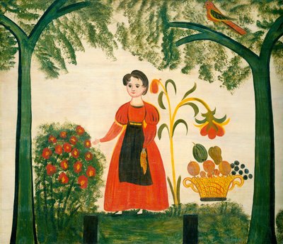 Niña en rojo con flores y un Distelfink de American 19th Century