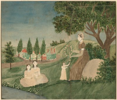 Madre y tres hijos haciendo una corona floral de American 19th Century