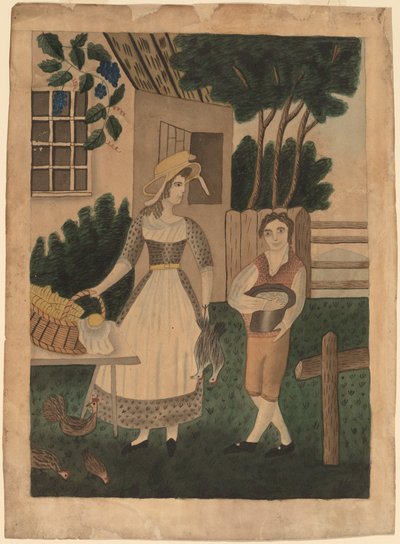 Mujer y niño con provisiones de American 19th Century