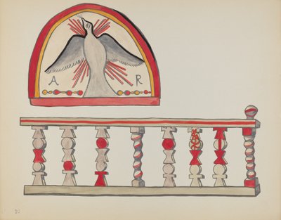 Placa 10: Luneta del Espíritu Santo y barandilla del altar, Chimayo: Del portafolio "Diseños coloniales españoles de Nuevo México" de American 20th Century
