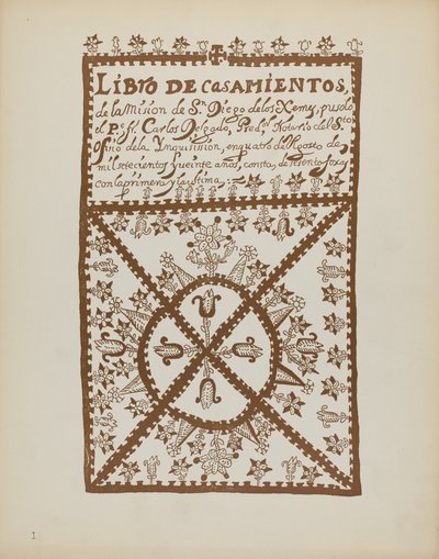 Placa 1: Libro de matrimonios de Jemez: De la cartera "Diseños coloniales españoles de Nuevo México" de American 20th Century