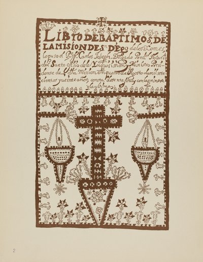 Placa 2: Libro de bautismos de Jemez: Del portafolio "Diseños coloniales españoles de Nuevo México" de American 20th Century