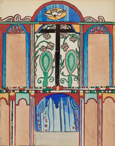 Placa 6: Retablo de la capilla, Santa Cruz: Del portafolio "Diseños coloniales españoles de Nuevo México" de American 20th Century