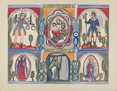 Placa 6: Retablo de la capilla, Santa Cruz: Del portafolio "Diseños coloniales españoles de Nuevo México" de American 20th Century