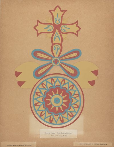 Diseño de la puerta de la Misión de Santa Bárbara del portafolio "Arte decorativo de la California española" de American 20th Century