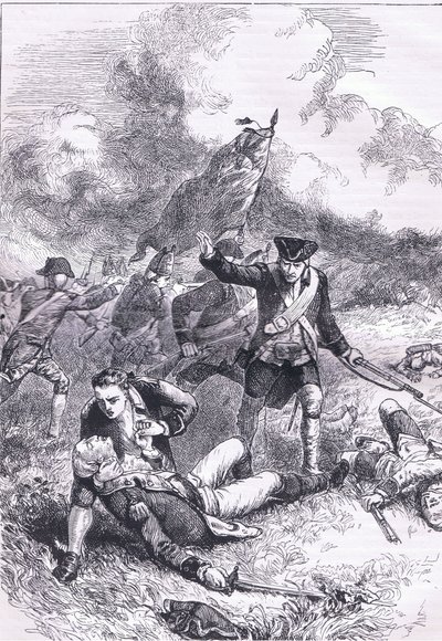 Muerte del Mayor Pitcairn, ilustración de la Historia de los Estados Unidos de Cassell publicada por Cassell, Petter & Galpin, c.1900 (litografía) de American English school