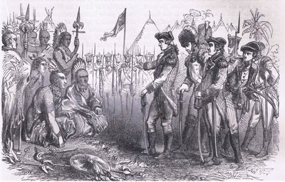 El General Burgoyne dirigiéndose a los indios, ilustración de la Historia de los Estados Unidos de Cassell publicada por Cassell, Petter & Galpin, c.1900 (litografía) de American English school