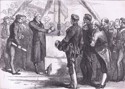 Lafayette colocando la primera piedra del Monumento de Bunker Hill, ilustración de la Historia de los Estados Unidos de Cassell de American English school