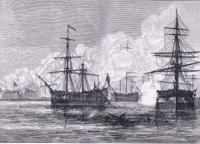 El ataque a la Isla Sullivan, ilustración de la Historia de los Estados Unidos de Cassell publicada por Cassell, Petter & Galpin, c.1900 (litografía) de American English school