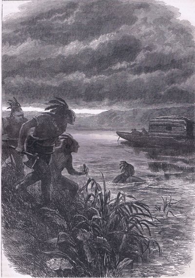 Comerciantes en el Ohio atacados por salvajes, ilustración de la Historia de los Estados Unidos de Cassell de American English school