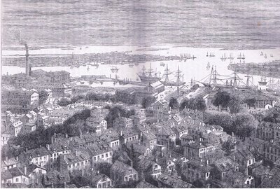 Vista de Boston desde Bunkers Hill, ilustración de la Historia de los Estados Unidos de Cassell publicada por Cassell, Petter & Galpin, c.1900 (litografía) de American English school