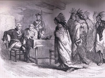 Visita de Pontiac y los indios al Mayor Gladwin 1763, ilustración de la Historia de los Estados Unidos de Cassell publicada por Cassell, Petter & Galpin, c.1900 de American English school