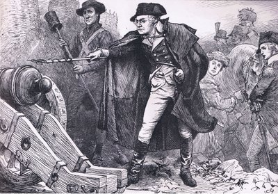 Washington en el sitio de Yorktown, ilustración de Cassells History of the United States publicada por Cassell, Petter & Galpin, c.1900 (litografía). de American English school