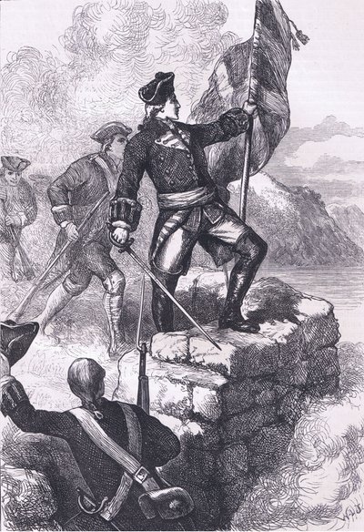 Washington plantando la bandera británica en el Fuerte Duquesne, ilustración de la Historia de los Estados Unidos de Cassell publicada por Cassell, Petter & Galpin, c.1900 (litografía) de American English school