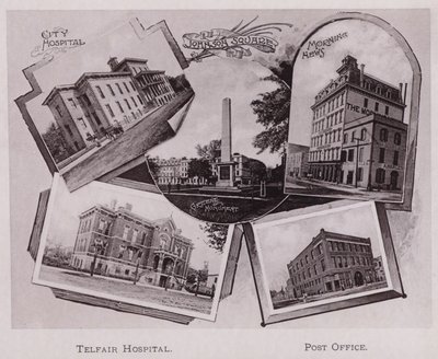 Hospital de la Ciudad; Plaza Johnson; Monumento a Greene; Morning News, Hospital Telfair, Oficina de Correos (foto en blanco y negro) de American Photographer (after)