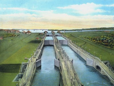 Vista aérea de las esclusas de Gatún, mostrando todos los tramos de esclusas, Canal de Panamá de American Photographer