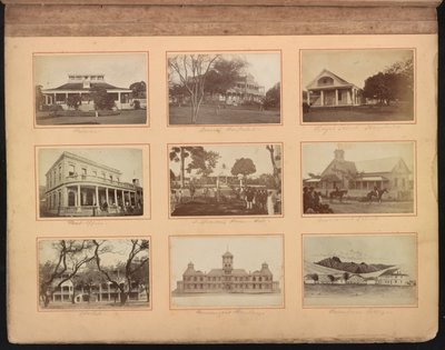 Álbum de Hawái, p. 12, escuelas y otros edificios, incluido el Hospital de la Reina (centro superior), c.1880 de American Photographer