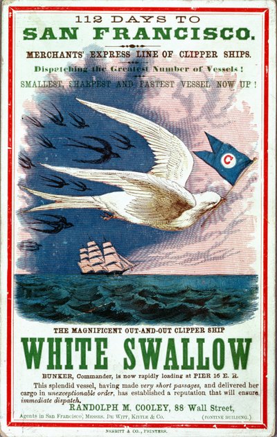 112 días a San Francisco cartel publicitario de la Línea de Clíperes de Merchants Express, White Swallow de American School