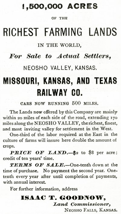 1,500,000 Acres de las Tierras de Cultivo Más Ricas del Mundo, en el Valle de Neosho, Kansas, anuncio de Appletons Journal, 4 de mayo de 1872 de American School