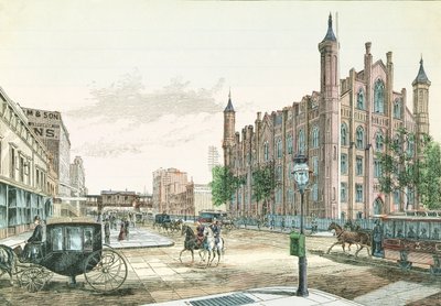 3ª Avenida y Calle 23, Estación de Ferrocarril Elevado y el Colegio de la Ciudad de Nueva York, de 36 Vistas de Nueva York y sus Alrededores, publicado por Charles Magnus de American School