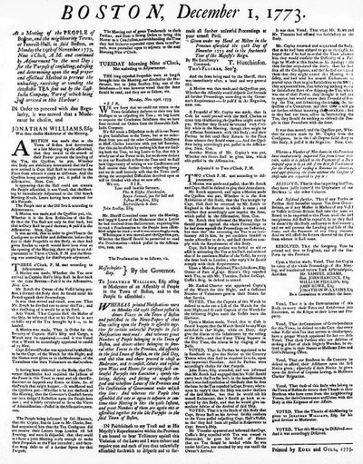 Un periódico detallando los eventos de la Fiesta del Té de Boston, diciembre de 1773 de American School