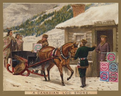 Tienda de troncos canadiense, anuncio de Huntley and Palmer de American School
