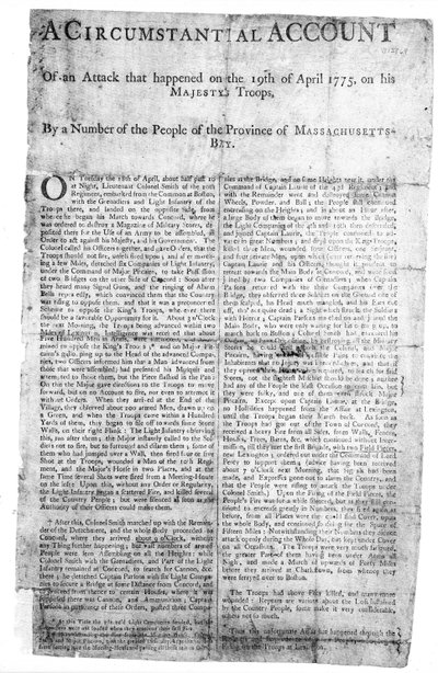 Un relato circunstancial de un ataque..., impreso en 1775 de American School