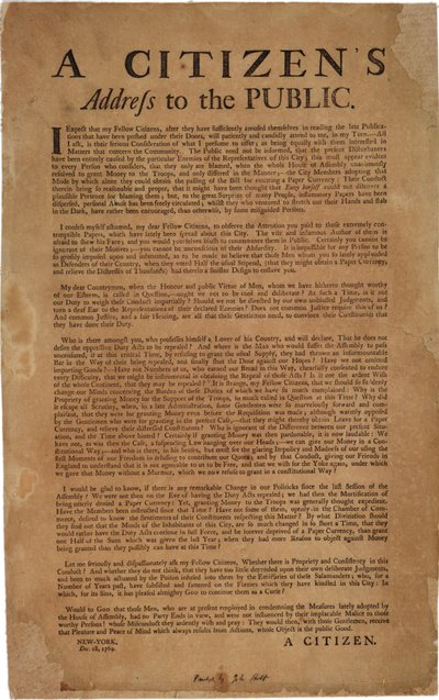 Discurso de un ciudadano al público re: apoyo a las tropas reales, 18 de diciembre de 1769 de American School