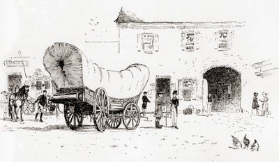 Un carro Conestoga en el patio de Bull