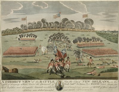 Vista correcta de la batalla cerca de la ciudad de Nueva Orleans, pub. c.1815 (grabado coloreado a mano) de American School