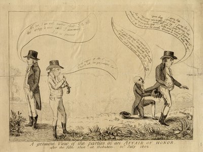 Una vista genuina de las partes en un asunto de honor después del quinto disparo en Hoboken, 31 de julio de 1802 de American School