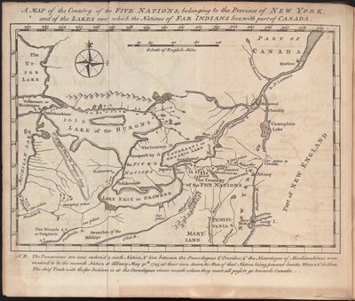 Mapa del país de las Cinco Naciones, perteneciente a la provincia de Nueva York; y de los lagos cerca de los cuales viven las naciones de indios lejanos, con parte de Canadá, por Cadwallader Colden de American School
