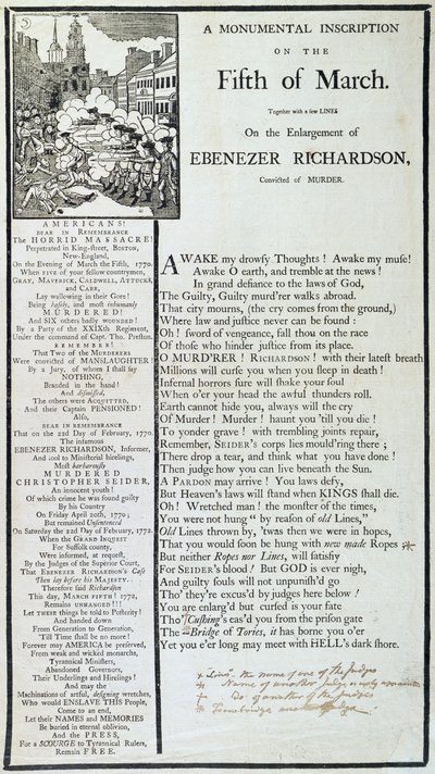 Una inscripción monumental el cinco de marzo, 1772 de American School