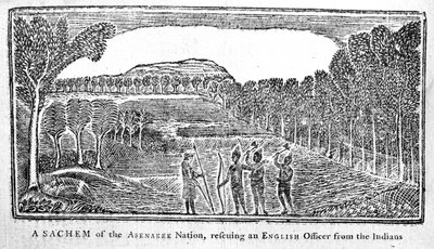 Un sachem de la nación Abenakee rescatando a un oficial inglés, ilustración del Bickerstaffs Boston Almanack, publicado en 1768 de American School