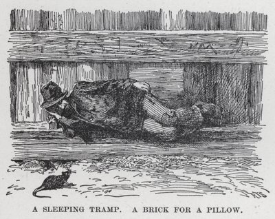 Un vagabundo durmiendo, un ladrillo como almohada (litografía) de American School