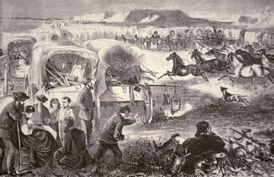 Un tren de carretas formado en un corral en el Camino de Oregón de American School