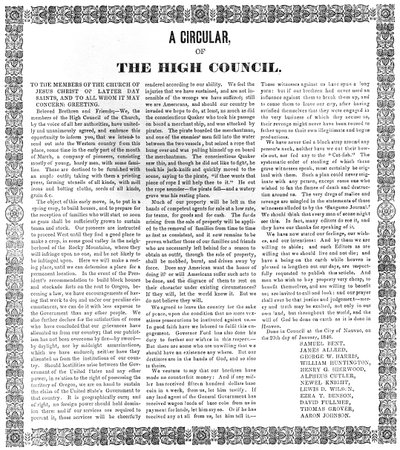 Circular del Alto Consejo de la Iglesia de Jesucristo de los Santos de los Últimos Días, 1846 de American School