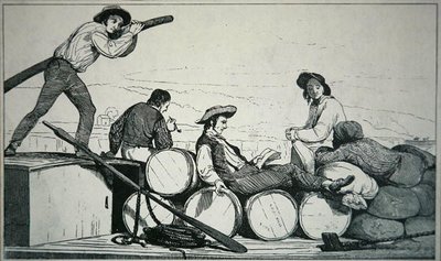 Un barco plano transportando carga en el río Misisipi, c.1840 (grabado) de American School