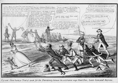 Una gran caza de esclavos, o, Prueba de velocidad para la presidencia, entre los famosos caballos Black Dan, Lewis Cass y Haynau, publicado por T.C., Nueva York, c.1852 de American School