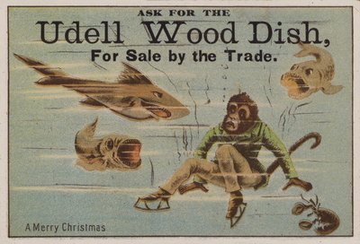 Feliz Navidad, tarjeta comercial que anuncia platos de madera Udell de American School