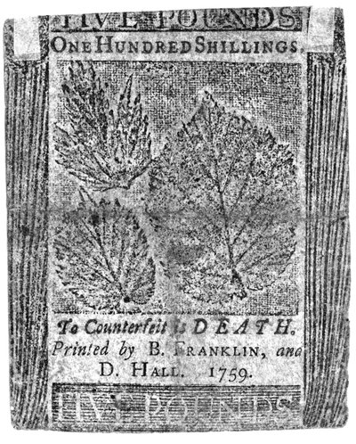 Billete de cien chelines impreso por B. Franklin y D. Hall, 1759 de American School