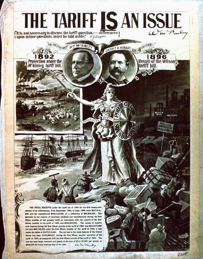 Póster político que aboga por el código fiscal de McKinley sobre el de Wilson de American School