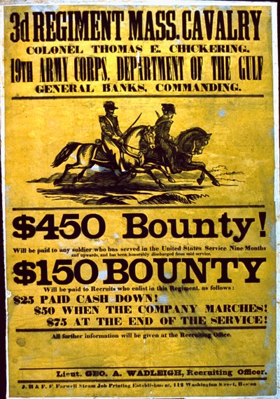 Póster de reclutamiento para el 3er Regimiento, Caballería de Massachusetts, 1863-65 de American School