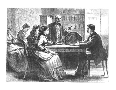 Una mujer negocia con un gerente de fábrica, asistida por un asesor de la nueva Asociación Protectora de Mujeres Trabajadoras de Susan B. Anthony, 1860s-70s de American School