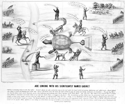 Abe Lincoln con su Gabinete Significativamente Nombrado, publicado por M.E. Godwin en 1864 de American School